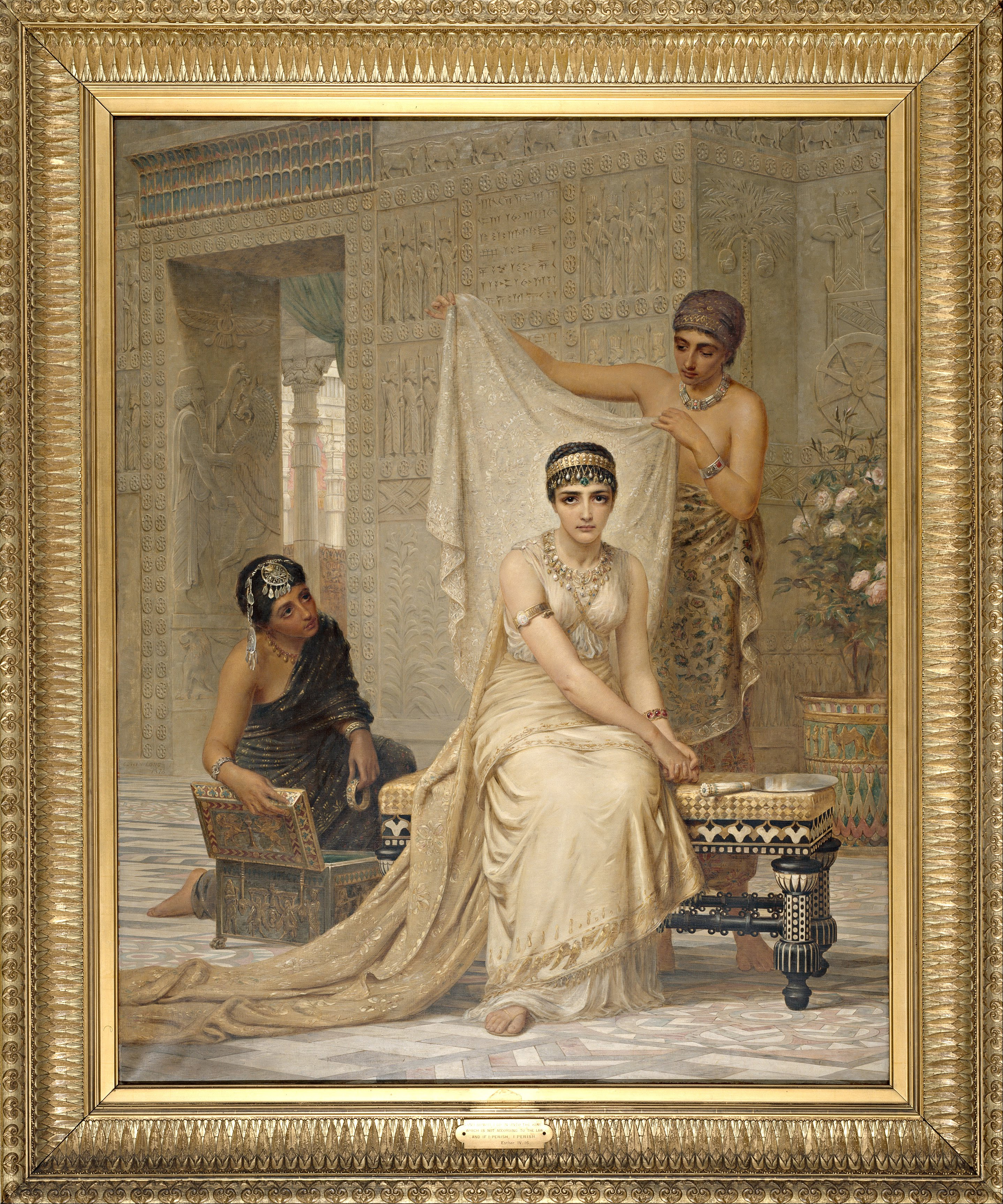 上图：英国画家埃德温·朗斯登·朗（Edwin Longsden Long，1829–1891年）1878年的油画作品《以斯帖王后 Queen Esther》。