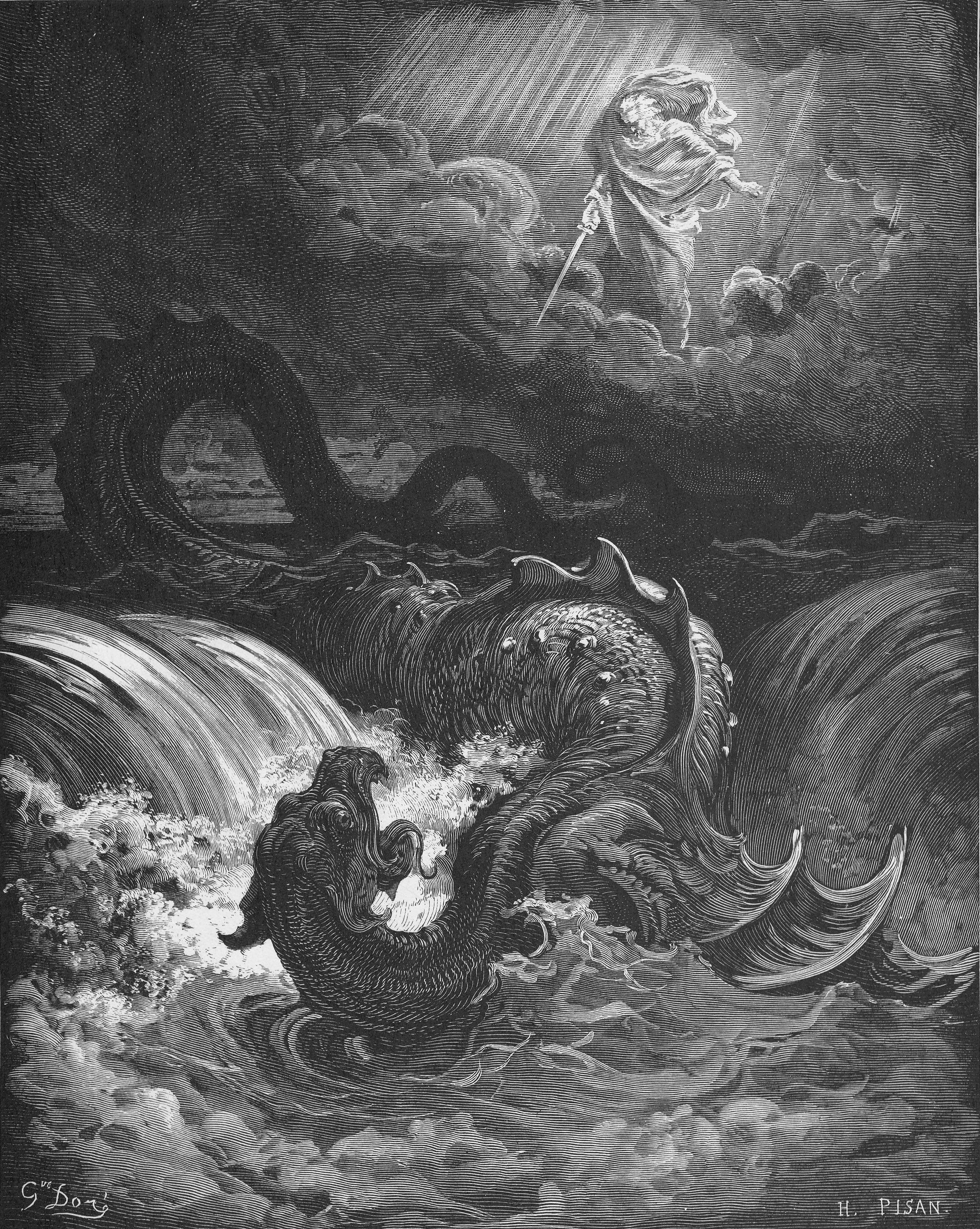上图：法国版画家古斯塔夫·多雷（Gustave Doré，1832-1883年）1866年的木刻《利维坦的毁灭 The Destruction of Leviathan》。